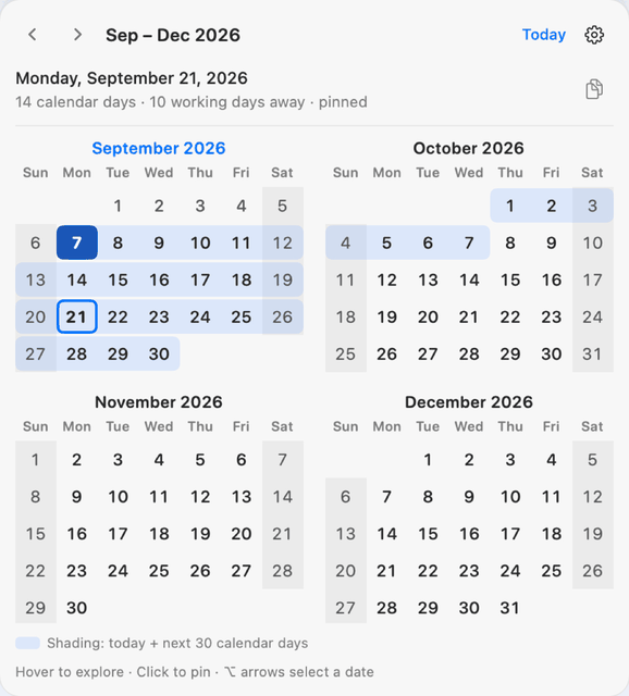 CalNav with a pinned date reading Monday, September 21, 2026, 14 calendar days and 10 working days away